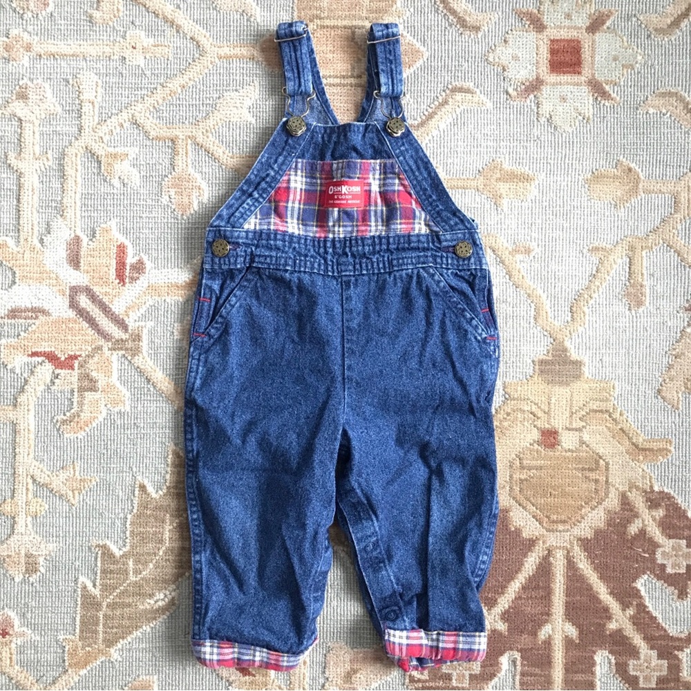 Vintage OshKosh B’gosh Sz 18 M Blue Denim Plaid Vestbak Overalls Made in USA